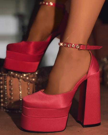 CHICME Rhinestone Ankle Strap Satin Chunky Pumps Sale Coupon