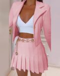 CHICME Buttoned Long Sleeve Blazer Coat & Chain Decor Pleated Skirt Set Sale Coupon