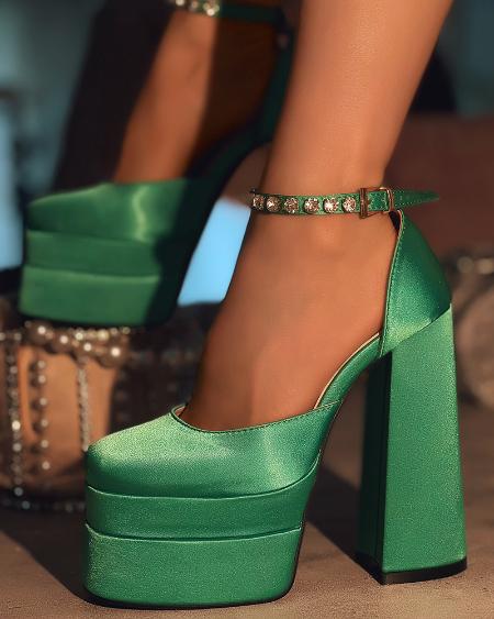 CHICME Rhinestone Ankle Strap Satin Chunky Pumps Sale Coupon