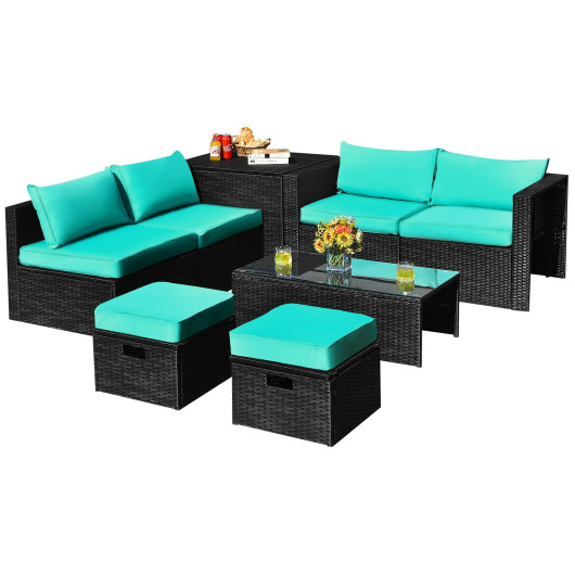Costway8 Pieces Patio Rattan Storage Table Furniture Set-Turquoise Sale Coupon