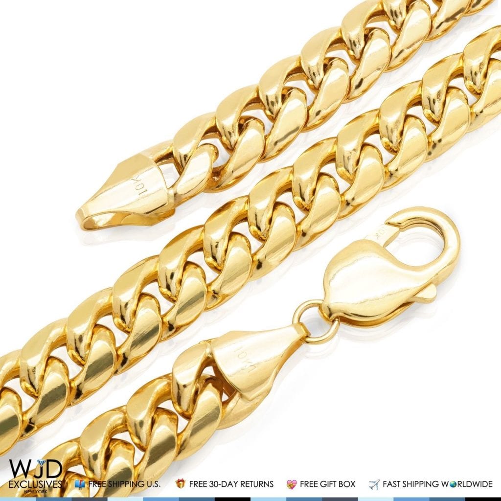 WJD Exclusives 10K Yellow Gold Hollow 13mm Wide Miami Cuban  Chain Necklace 24″ 26″ 28″ 30″ Sale Coupon