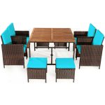 Costway9PCS Patio Rattan Dining Cushioned Chairs Set-Turquoise Sale Coupon