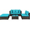 Costway5 Pcs Outdoor Patio Rattan Furniture Set Sectional Conversation with Navy Cushions-Turquoise Sale Coupon