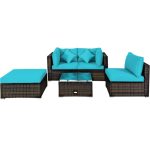 Costway5 Pcs Outdoor Patio Rattan Furniture Set Sectional Conversation with Navy Cushions-Turquoise Sale Coupon
