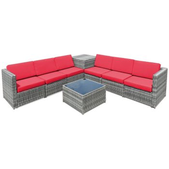 Costway8 Piece Wicker Sofa Rattan Dinning Set Patio Furniture with Storage Table-Red Sale Coupon