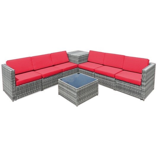 Costway8 Piece Wicker Sofa Rattan Dinning Set Patio Furniture with Storage Table-Red Sale Coupon