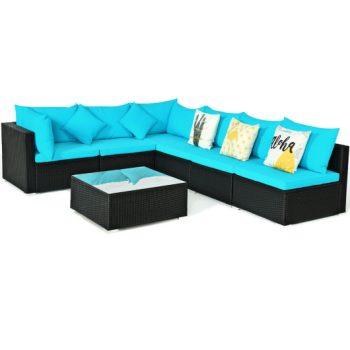 Costway7-Piece Outdoor Sectional Wicker Patio Sofa Set with Tempered Glass Top-Blue Sale Coupon