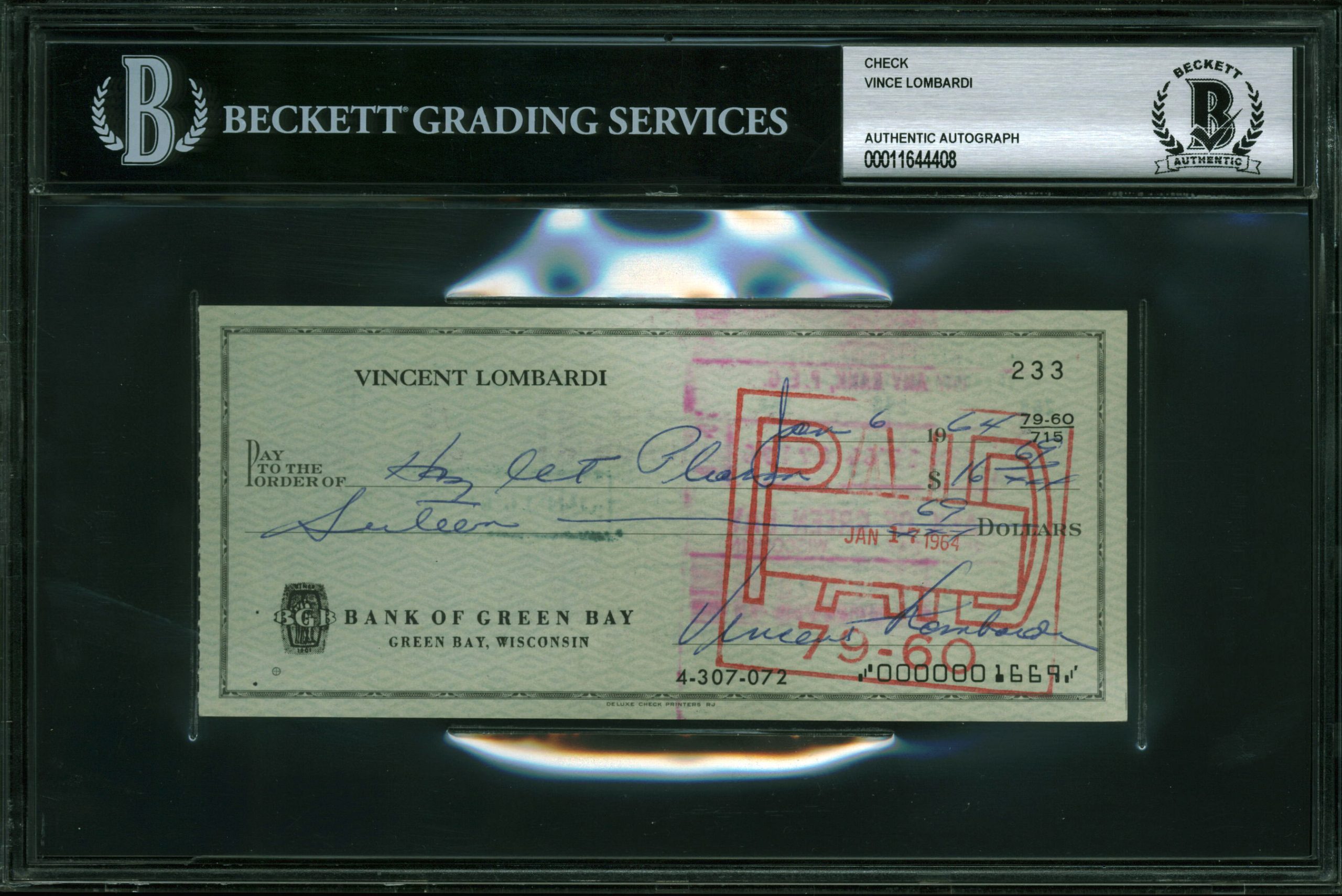 Packers Vince Lombardi Signed 2.75×6.25 Personal Check BAS Slabbed #11644408 Sale Coupon