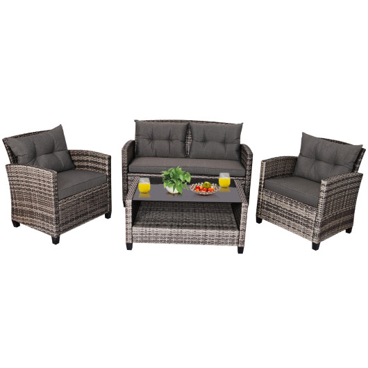 Costway5 Pcs Outdoor Patio Rattan Furniture Set Sectional Conversation with Navy Cushions-Turquoise Sale Coupon