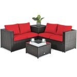 Costway4 Pcs Outdoor Patio Rattan Furniture Set with Cushioned Loveseat and Storage Box-Red Sale Coupon