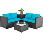 Costway4 Pcs Outdoor Patio Rattan Furniture Set with Cushioned Loveseat and Storage Box-Turquoise Sale Coupon