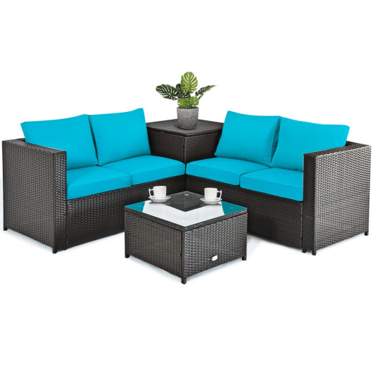 Costway4 Pcs Outdoor Patio Rattan Furniture Set with Cushioned Loveseat and Storage Box-Turquoise Sale Coupon