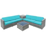 Costway8 Piece Wicker Sofa Rattan Dinning Set Patio Furniture with Storage Table-Turquoise Sale Coupon
