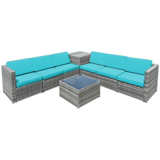 Costway8 Piece Wicker Sofa Rattan Dinning Set Patio Furniture with Storage Table-Turquoise Sale Coupon