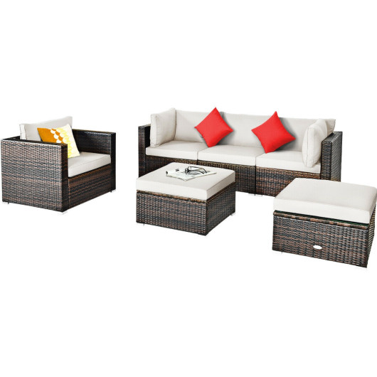 Costway6 Pcs Patio Rattan Furniture Set with Sectional Cushion-White Sale Coupon
