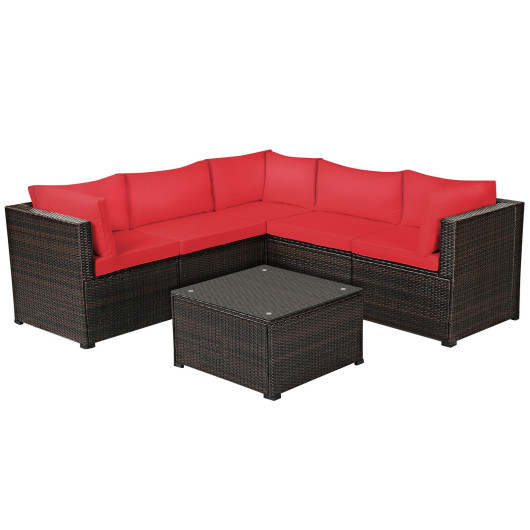 Costway6 Pieces Patio Rattan Furniture Set Sectional Cushioned Sofa Deck-Red Sale Coupon