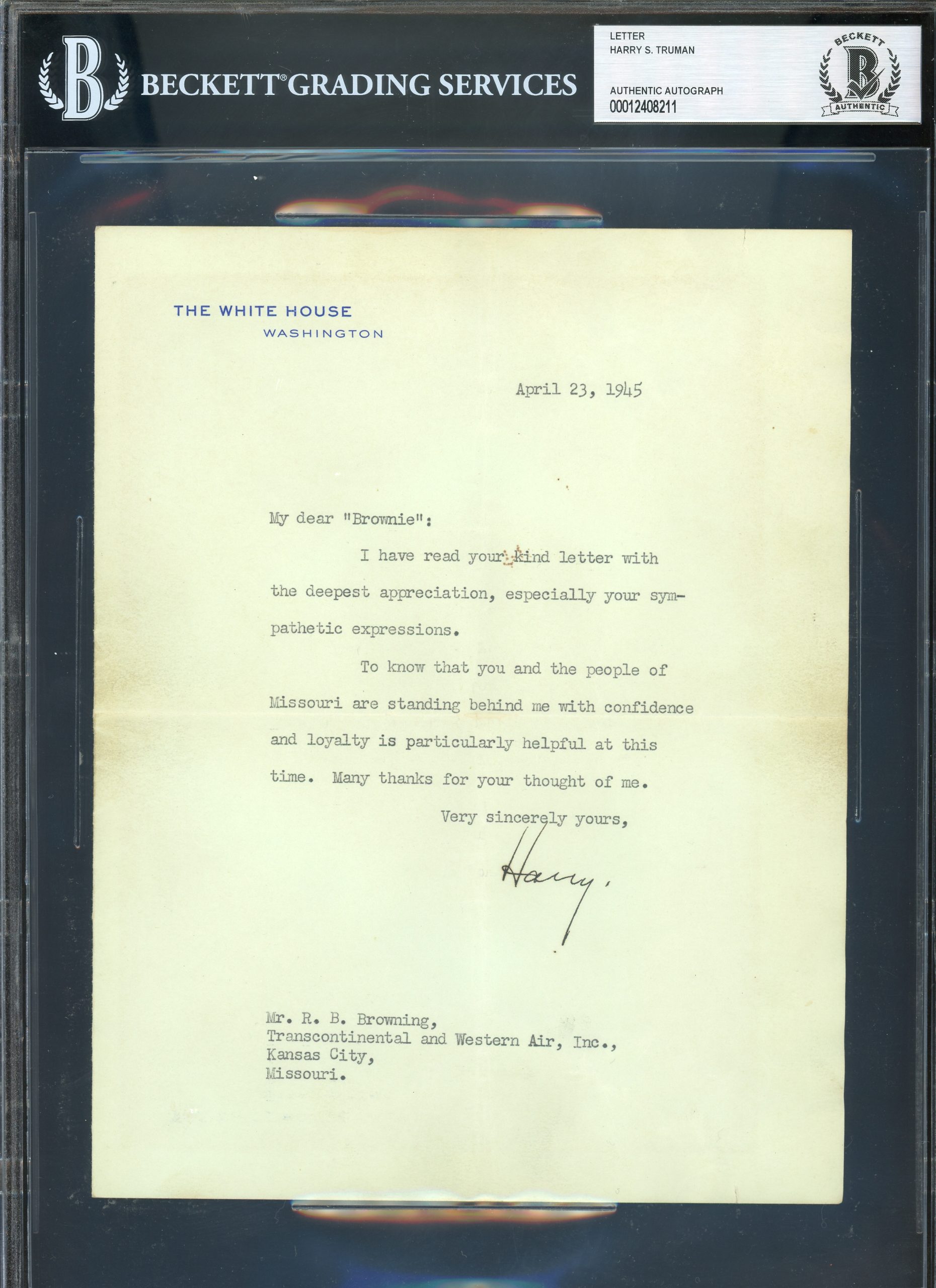Harry S. Truman Signed 7×8.75 1945 Letter On White House Stationary BAS Slabbed Sale Coupon