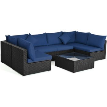 Costway7-Piece Outdoor Sectional Wicker Patio Sofa Set with Tempered Glass Top-Navy Sale Coupon