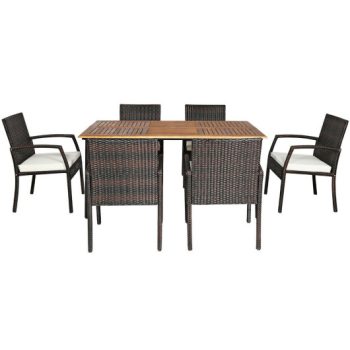 Costway7PCS Patio Rattan Cushioned Dining Set with Umbrella Hole Sale Coupon