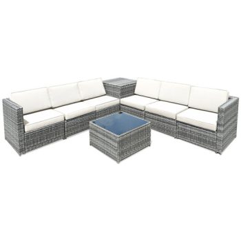 Costway8 Piece Wicker Sofa Rattan Dinning Set Patio Furniture with Storage Table-White Sale Coupon