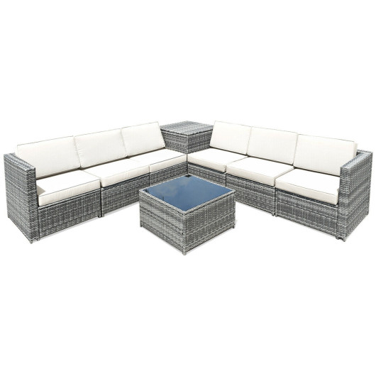 Costway8 Piece Wicker Sofa Rattan Dinning Set Patio Furniture with Storage Table-White Sale Coupon