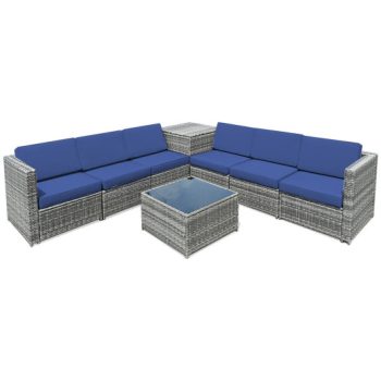 Costway8 Piece Wicker Sofa Rattan Dinning Set Patio Furniture with Storage Table-Navy Sale Coupon