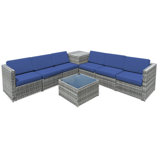 Costway8 Piece Wicker Sofa Rattan Dinning Set Patio Furniture with Storage Table-Navy Sale Coupon