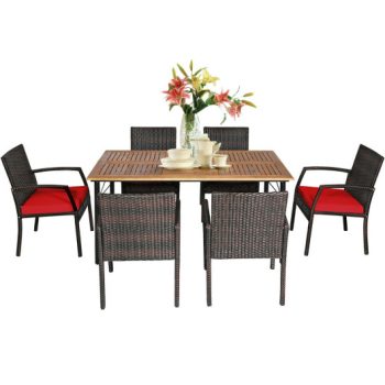 Costway7Pcs Patio Rattan Cushioned Dining Set with Umbrella Hole-Red Sale Coupon