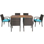 Costway7Pcs Patio Rattan Cushioned Dining Set with Umbrella Hole-Turquoise Sale Coupon