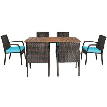 Costway7Pcs Patio Rattan Cushioned Dining Set with Umbrella Hole-Turquoise Sale Coupon