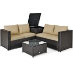 Costway4 Pcs Outdoor Patio Rattan Furniture Set with Cushioned Loveseat and Storage Box-Brown Sale Coupon