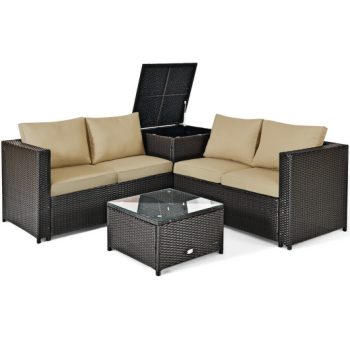 Costway4 Pcs Outdoor Patio Rattan Furniture Set with Cushioned Loveseat and Storage Box-Brown Sale Coupon