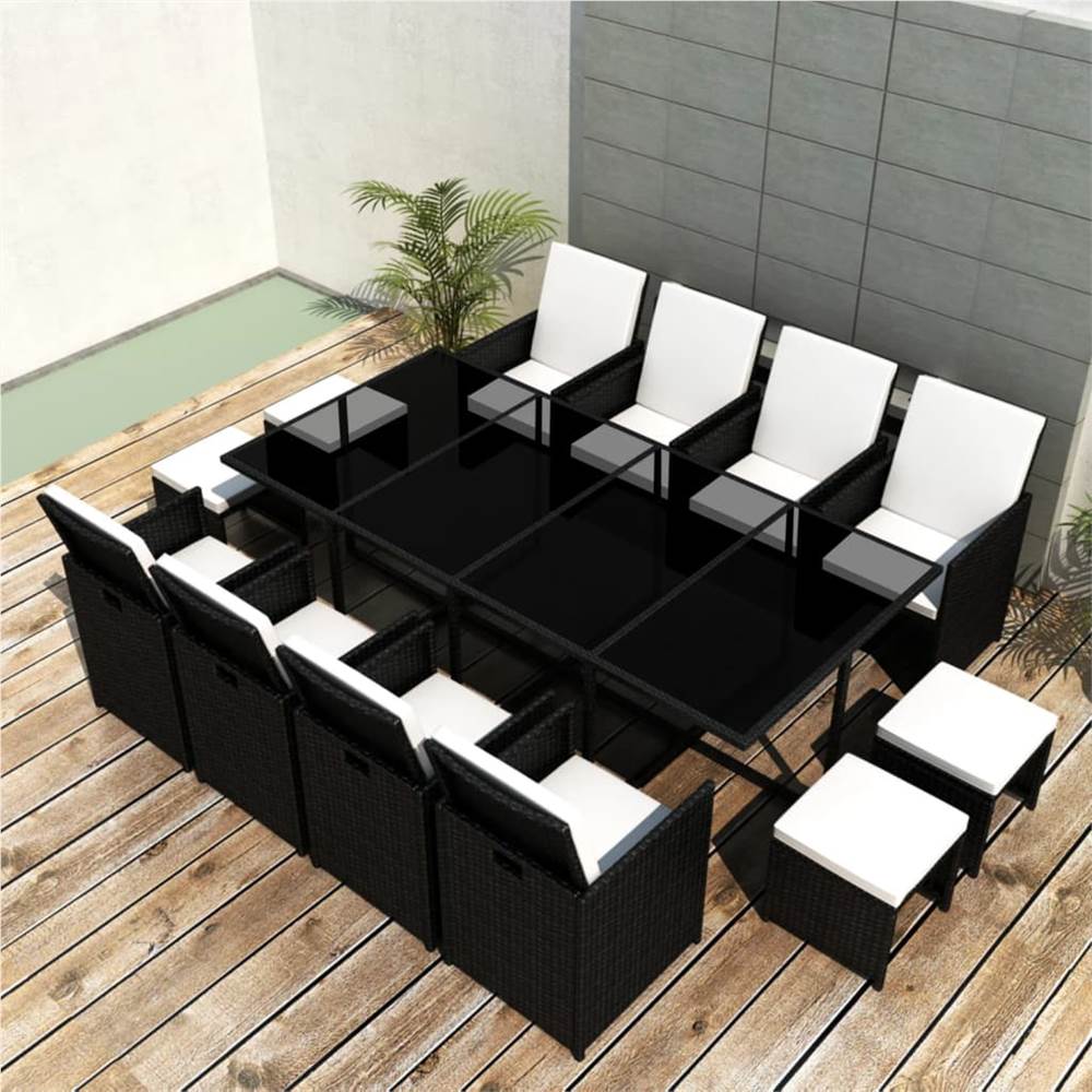 13 Piece Outdoor Dining Set with Cushions Poly Rattan Black Sale Coupon