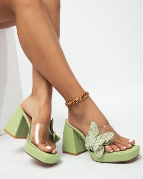 CHICME Clear Strap Rhinestone Butterfly Pattern Chunky Heels Sale Coupon