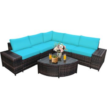 Costway6 Pieces Rattan Furniture Cushioned Sofa Set-Turquoise Sale Coupon