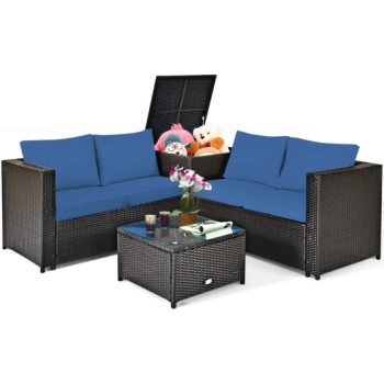 Costway4 Pieces Outdoor Patio Rattan Furniture Set with Cushioned Loveseat and Storage Box-Navy Sale Coupon
