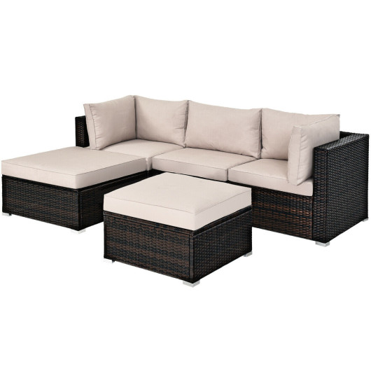 Costway5 Pcs Patio Rattan Sofa Set with Cushion and Ottoman-Beige Sale Coupon