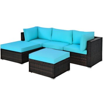 Costway5 Pcs Patio Rattan Sectional Conversation Ottoman Furniture Set-Blue Sale Coupon