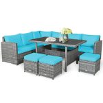 Costway7 Pieces Patio Rattan Dining Furniture Sectional Sofa Set with Wicker Ottoman-Turquoise Sale Coupon