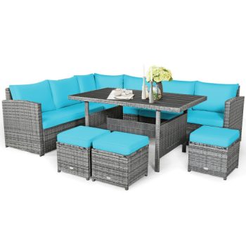Costway7 Pieces Patio Rattan Dining Furniture Sectional Sofa Set with Wicker Ottoman-Turquoise Sale Coupon