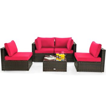 Costway5 Pieces Cushioned Patio Rattan Furniture Set with Glass Table-Red Sale Coupon
