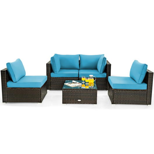Costway5 Pieces Cushioned Patio Rattan Furniture Set with Glass Table-Turquoise Sale Coupon