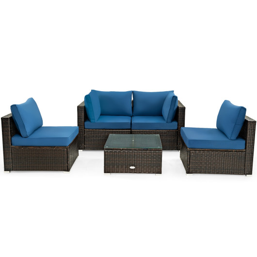 Costway5 Pieces Cushioned Patio Rattan Furniture Set with Glass Table-Navy Sale Coupon