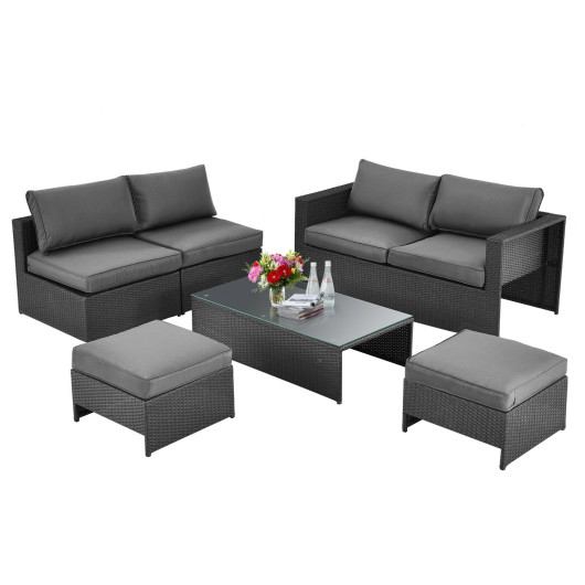 Costway6 Pieces Patio Rattan Furniture Set Space Saving Cushioned No Assembly-Gray Sale Coupon