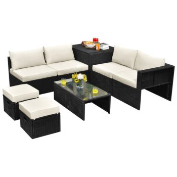 Costway8 Pieces Patio Rattan Storage Table Furniture Set-Off White Sale Coupon