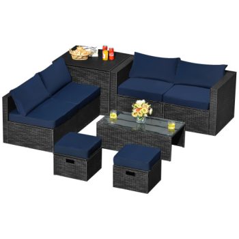 Costway8 Pieces Patio Rattan Storage Table Furniture Set-Navy Sale Coupon