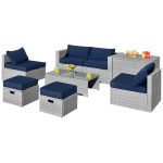 Costway8 Pieces Patio Rattan Furniture Set with Storage Waterproof Cover and Cushion-Navy Sale Coupon