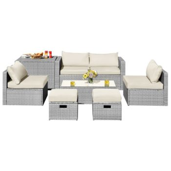Costway8 Pieces Patio Rattan Furniture Set with Storage Waterproof Cover and Cushion-Off White Sale Coupon
