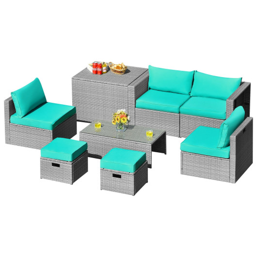 Costway8 Pieces Patio Rattan Furniture Set with Storage Waterproof Cover and Cushion-Turquoise Sale Coupon