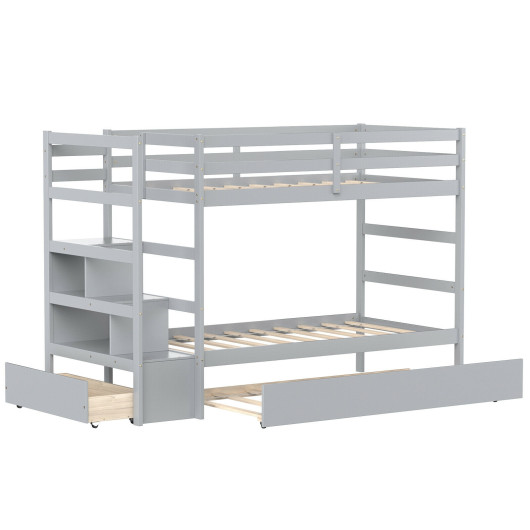 CostwayTwin Over Twin Bunk Bed with Storage Shelf and Drawer-Light Gray Sale Coupon